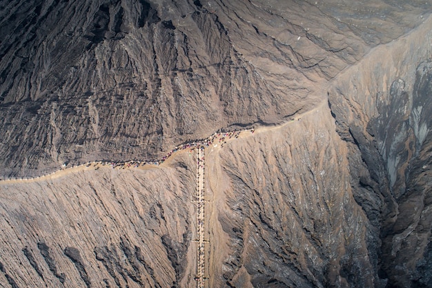 Aerial view of crater Mount Bromo during sunrise