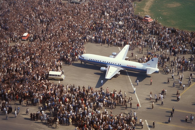 Aerial view of crowd with airplane