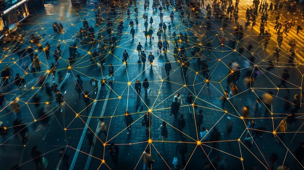 Photo aerial view of a crowded city street visualizing the movement of people interconnected