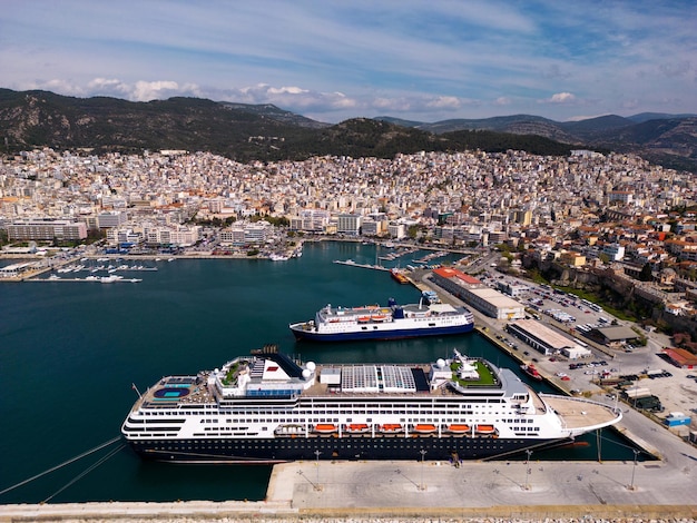 Aerial view cruise ship in port of Kavala Visitors can enjoy breathtaking panoramas of the city's colorful buildings and vibrant waterfront