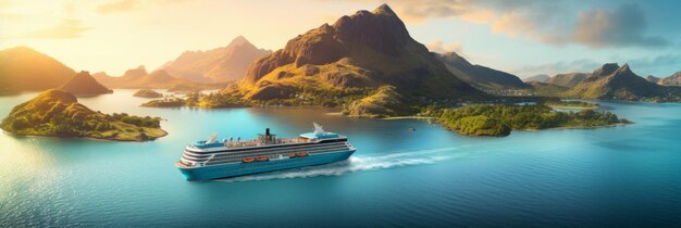 Photo aerial view of cruise ship sailing through stunning south seascape with paradise islands