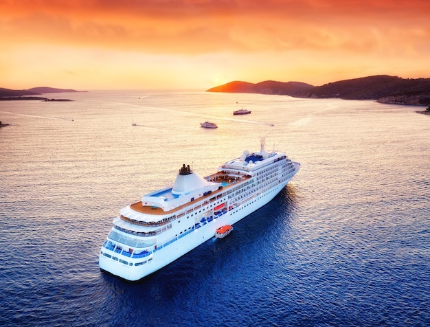 Aerial view at the cruise ship during sunset Adventure and travel Landscape with cruise liner on Adriatic sea Luxury cruise Travel image