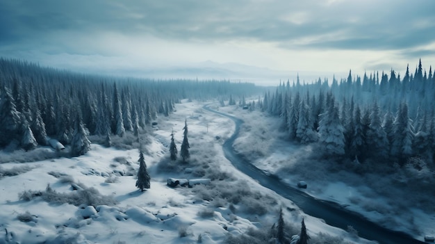 Aerial view of Curvy windy road in snow covered forest Generative ai