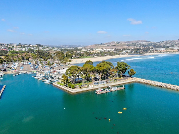 Aerial view of Dana Point Harbor and her marina with yacht and sailboat Orange County California