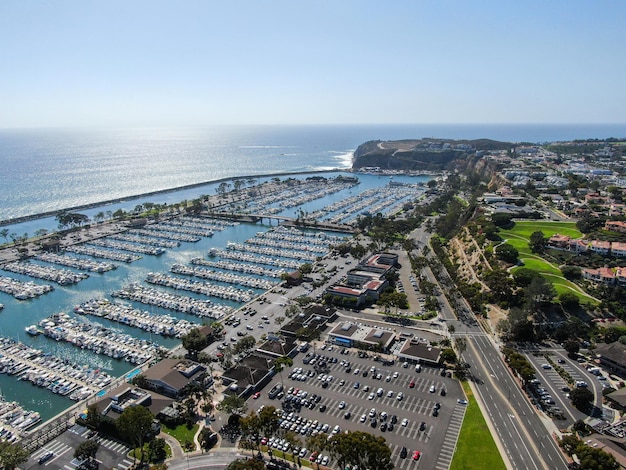 Aerial view of Dana Point Harbor town and beach Southern Orange County California USA