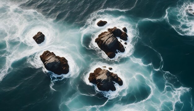 Aerial view of dark brown rocks in turbulent sea water