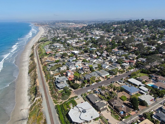 Aerial view of Del Mar coastline and beach, San Diego County, California, USA.