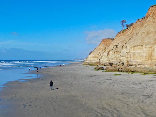 Aerial view of Del Mar North Beach, California coastal cliffs and House with blue Pacific ocean