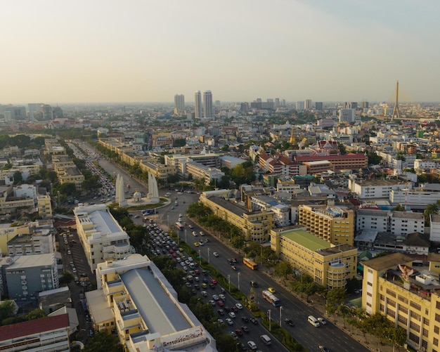 An aerial view of the Democracy Monument in Ratchadamnoen Avenue The most famous tourist attraction in Bangkok Thailand