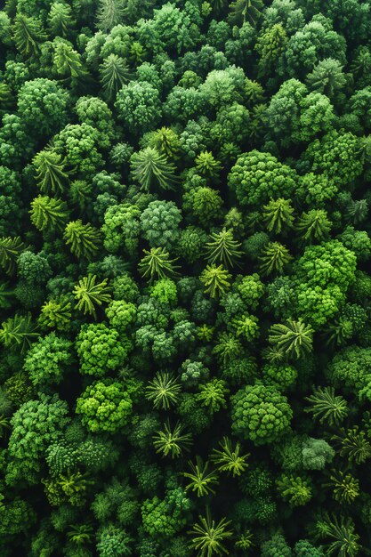 Aerial view of a dense green forest with tall trees taken from a top down view and shot from a dron