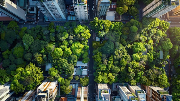 Photo aerial view of dense green urban park surrounded by tall buildings