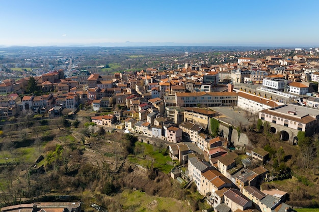 Aerial view of dense historic center of Thiers town in PuydeDome department AuvergneRhoneAlpes region in France Rooftops of old buildings and narrow streets