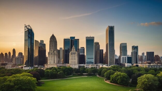 Aerial view of a dense urban skyline beside a river at dusk