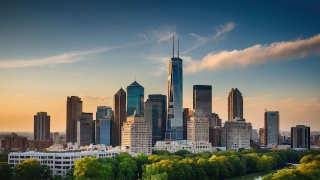 Aerial view of a dense urban skyline beside a river at dusk