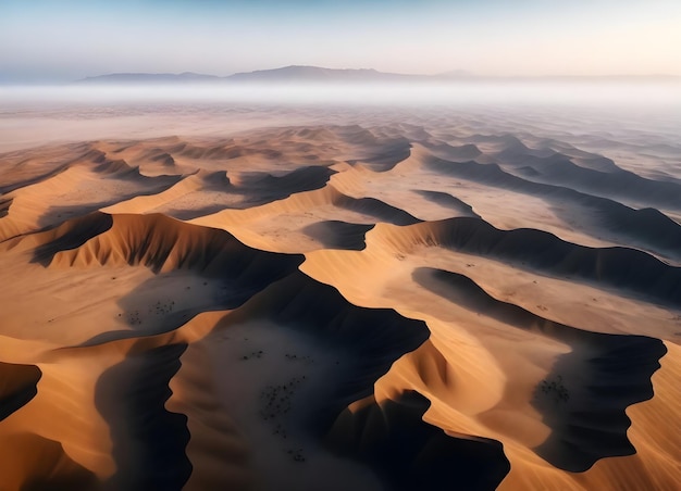 Aerial view of a desert landscape with rock formations and sand at sunset