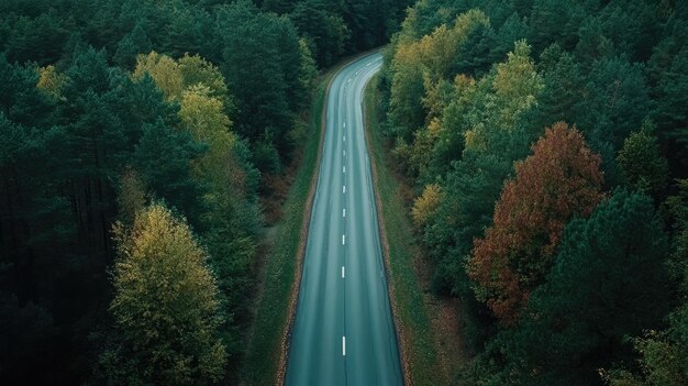 Aerial view of a deserted highway stretching through a forest wide copy space included