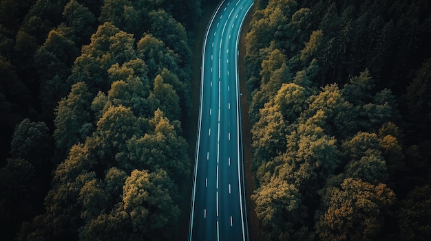 Aerial view of a deserted highway stretching through a forest wide copy space included