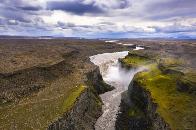 Aerial view of dettifoss waterfall in iceland