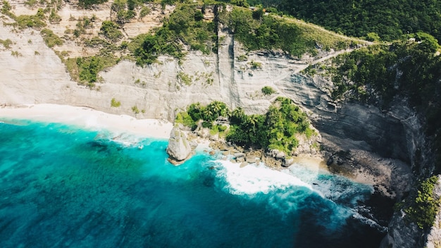 Aerial view of diamond beach one of the tourist destinations on the island of Nusa Penida Bali