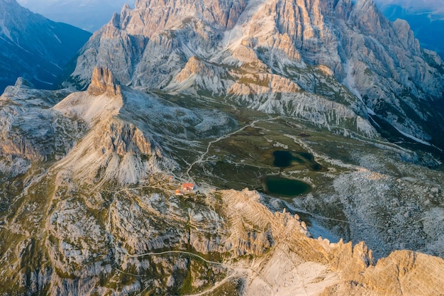 Aerial view of the dolomites near the three peaks of lavaredo