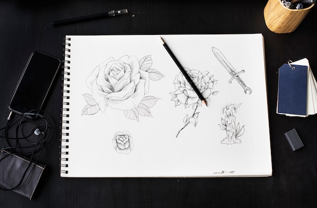 Aerial view of drawing roses artwork