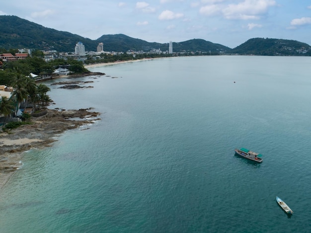 Aerial view Drone camera of Beautiful sea Tropical beach at Patong beach Phuket Thailand