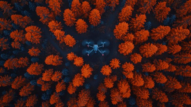 Aerial view of drone flying over autumn forest with orange trees