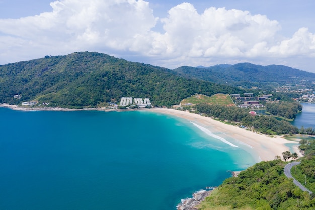 Aerial view of drone. Panorama landscape view of Ocean sea and coast Andaman sea south Thailand. At Rawai, Phuket Thailand. Nature and travel concept.