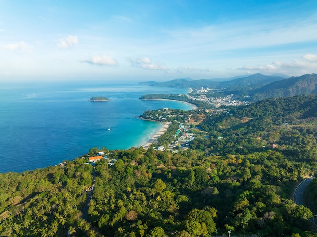 Aerial view drone shot of beautiful landscape 3 bays view point at KataKaron beach Viewpoint in Phuket island ThailandBeautiful landmark travel place view point nature in phuket