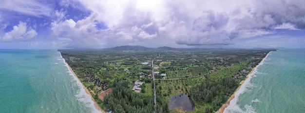 Aerial view drone shot of beautiful nature landscape forest and tropical sea panorama amazing view