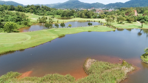 Aerial view drone shot of golf course