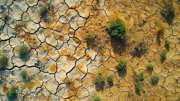 Photo aerial view of droughtaffected land cracked earth and sparse vegetation illustrate climate change