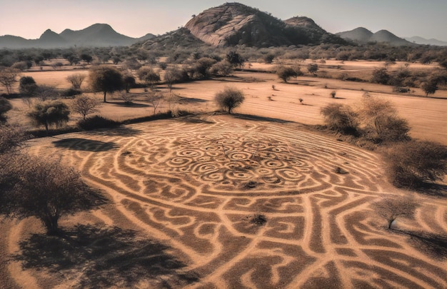 an aerial view of a dry field with a mountain in the distance