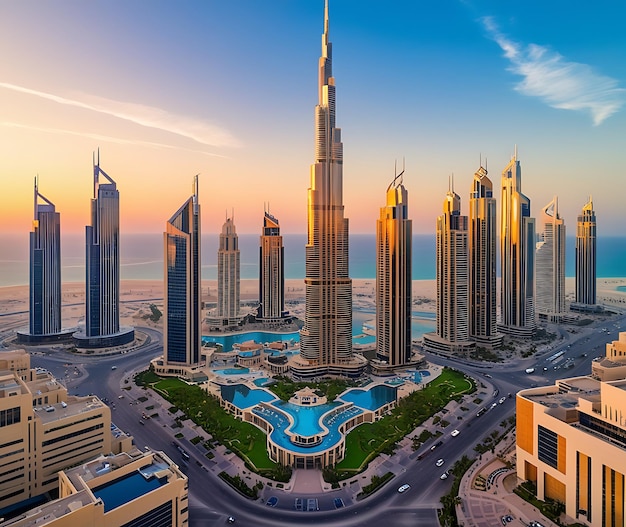 Aerial view of Dubai Frame Downtown skyline United Arab Emirates or UAE Financial district and business area in smart urban city Skyscraper and highrise buildings at sunset