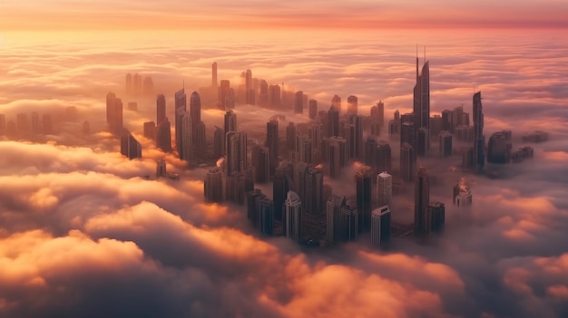 Aerial view of Dubai United Arab Emirates foggy morning sunrise Generative Ai