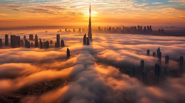 Aerial view of Dubai United Arab Emirates foggy morning sunrise Generative Ai