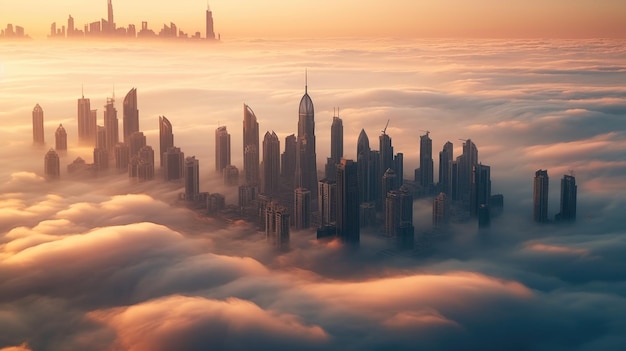 Aerial view of Dubai United Arab Emirates foggy morning sunrise Generative Ai