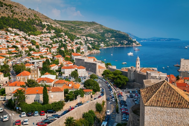 Aerial view of the Dubrovnik coastline with small houses from the City Walls, Croatia