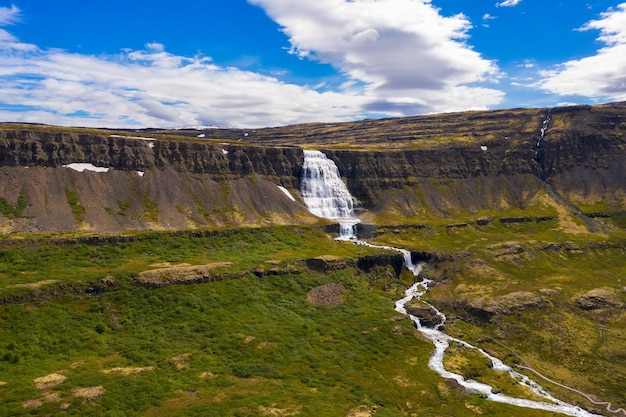 Aerial view of Dynjandi waterfall on the Westfjords peninsula in Iceland