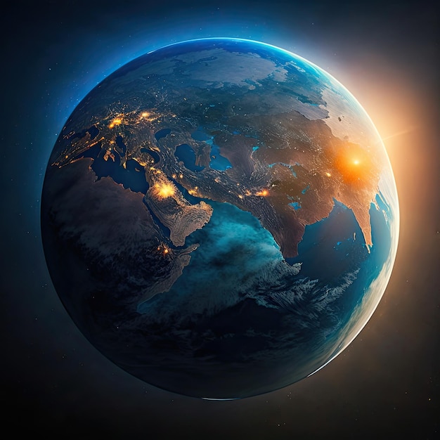 Aerial view of Earth globe blue planet from space Sunrise over city lights and nice ocean Made by AIArtificial intelligence