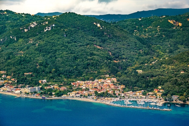 Aerial view of the eastern coast of Corfu in the neighborhood of Benitses, Greece