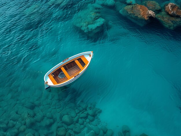 Photo aerial view editorial photo of a calm crystalclear ocean with a small boatsubtle gradients of blu