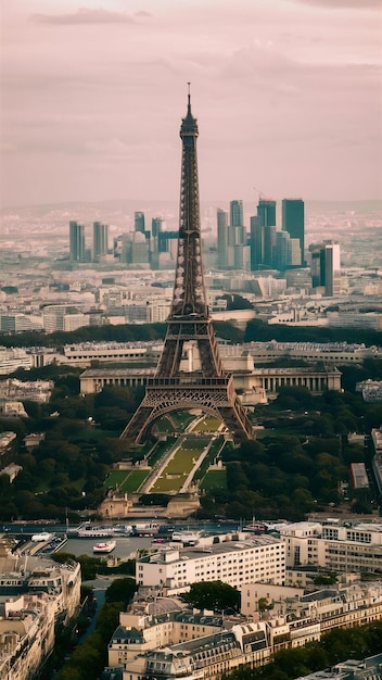 Aerial view on eiffel tower and district la defense in paris france