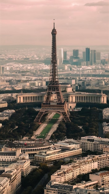 Aerial view on eiffel tower and district la defense in paris france