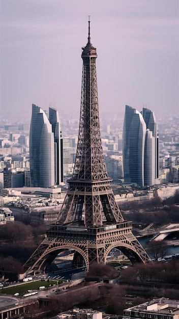 Aerial view on eiffel tower and district la defense in paris france