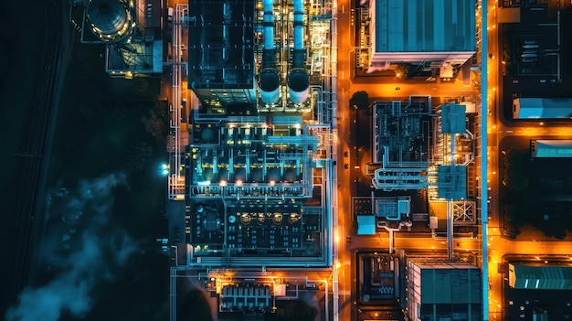 Aerial view of an electrical power plant at night