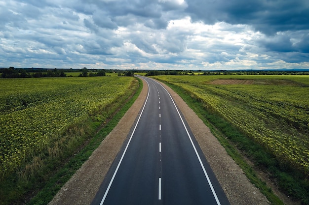 Aerial view of empty intercity road between green agricultural fields Top view from drone of highway roadway