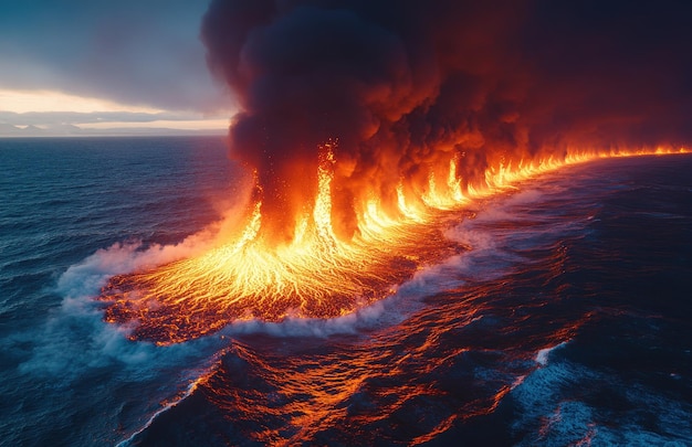 Aerial view of an erupting volcano in Iceland at night with flowing lava meeting the ocean