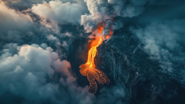 Aerial View of Erupting Volcano with Lava Flow