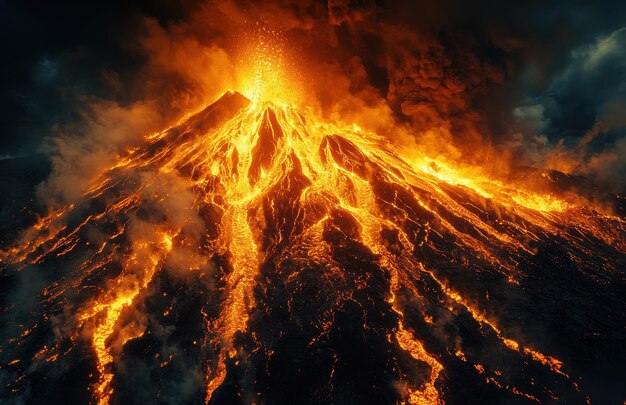 Aerial view of an erupting volcano with vibrant lava flows spilling down the slopes showcasing natures powerful display of fire and ash